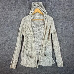 Mudd Cardigan Sweater Womens Medium Gray Y2K Open Knit Hooded Open Front Crochet
